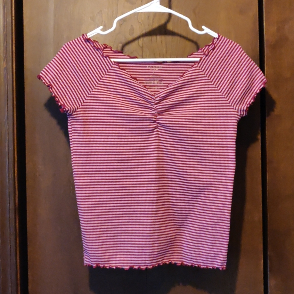 pink and red striped shirt